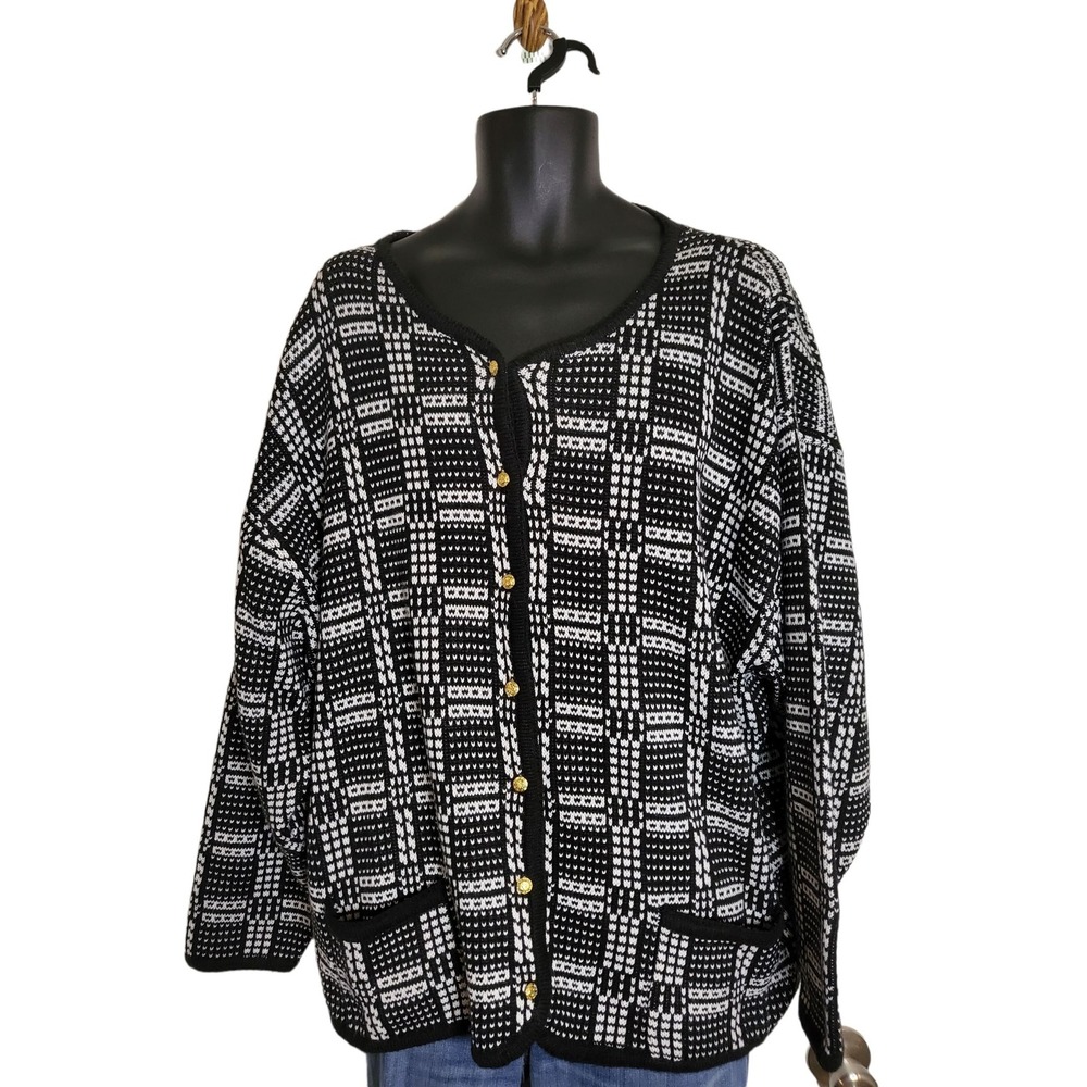 Kim Rogers Cardigan Women's Size XXL Black White Long Sleeve Button-Up Workwear